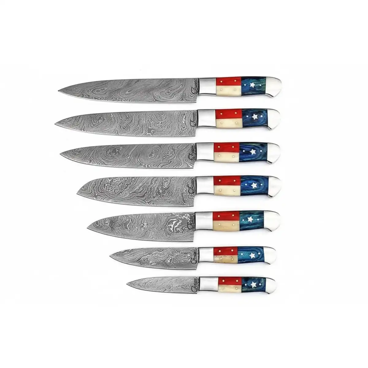 8-Piece Damascus Kitchen Knife Set, Texas Flag Handles, Full Tang - Chef, Bread, Utility, Paring 1