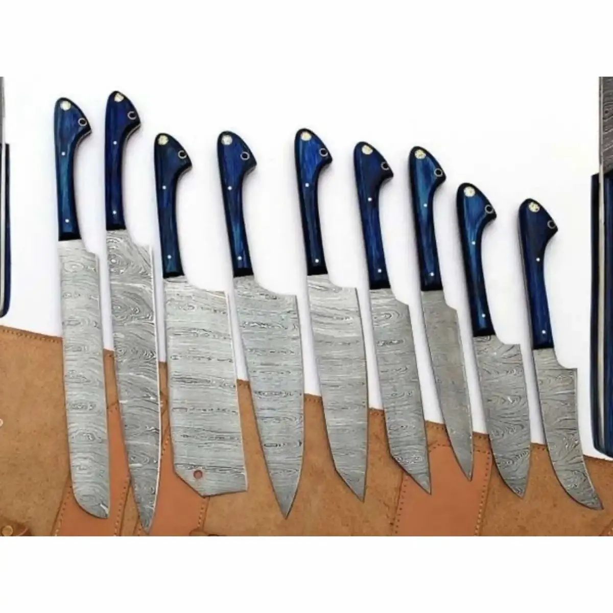 9-Piece Damascus Kitchen Knife Set With Leather Roll, Chef, Santoku, Nakiri, Bread, Utility, Boning And Paring Knives, Blue Handle Full Tang, Jw Steelcrafts 1