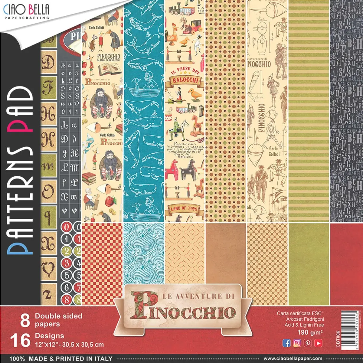 Ciao Bella Avventure Di Pinocchio Patterns Pad 12"X12" 8/Pkg 1
