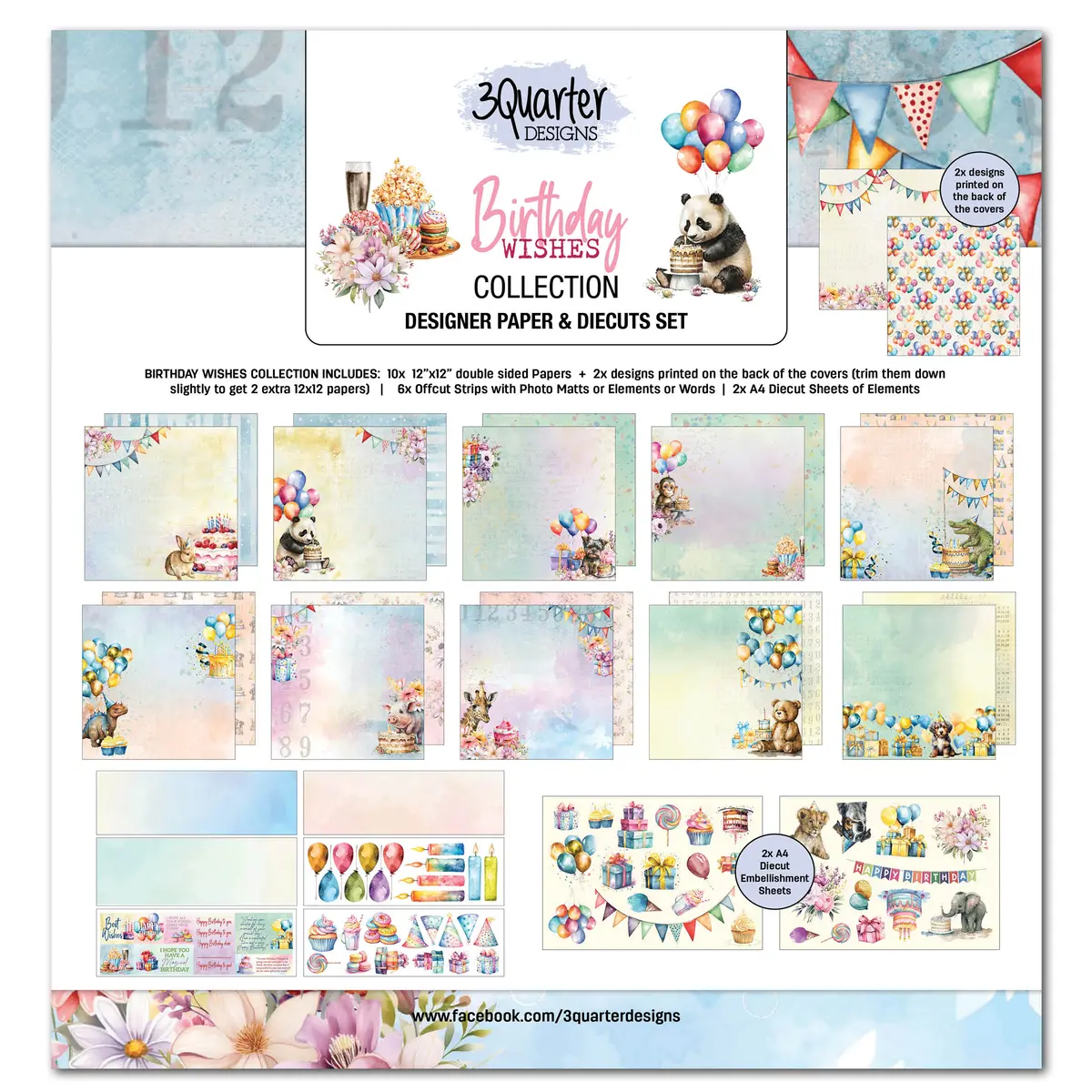 3Quarter Designs Birthday Wishes 12X12 Design Paper & Diecuts Set 1