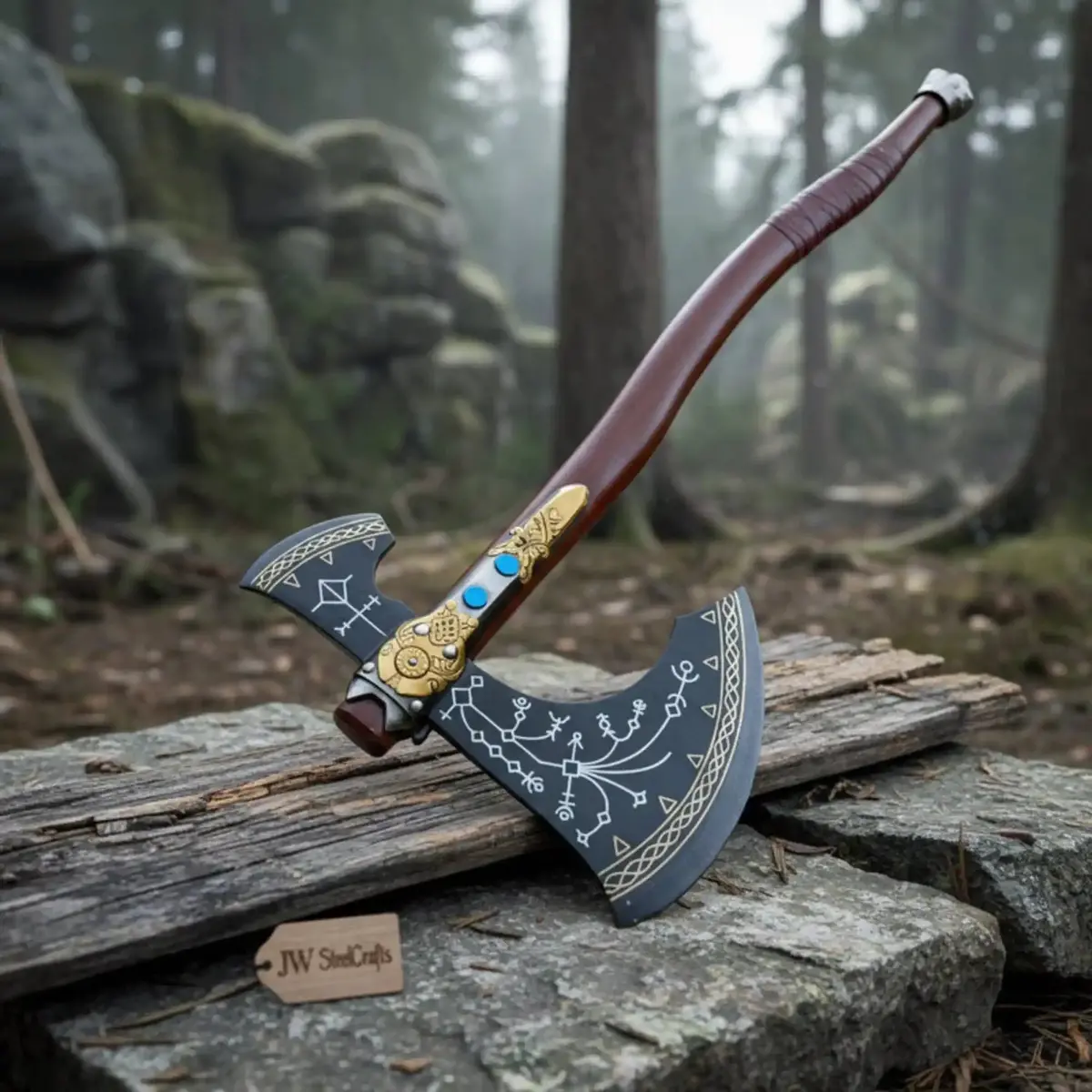 Hand Forged Viking Fantasy Double-Bit Axe With Norse Engraving, Gold Handle Fittings And Blue Gemstone Inlays 1