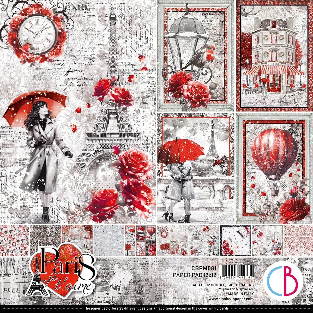 Paris Je T’Aime Paper Pad 12"X12" 12/Pkg 1