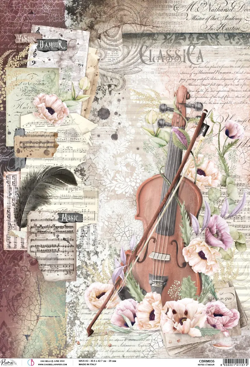 Ciao Bella Rice Paper A3 Piuma Notes D'amour - 3 Sheets 1