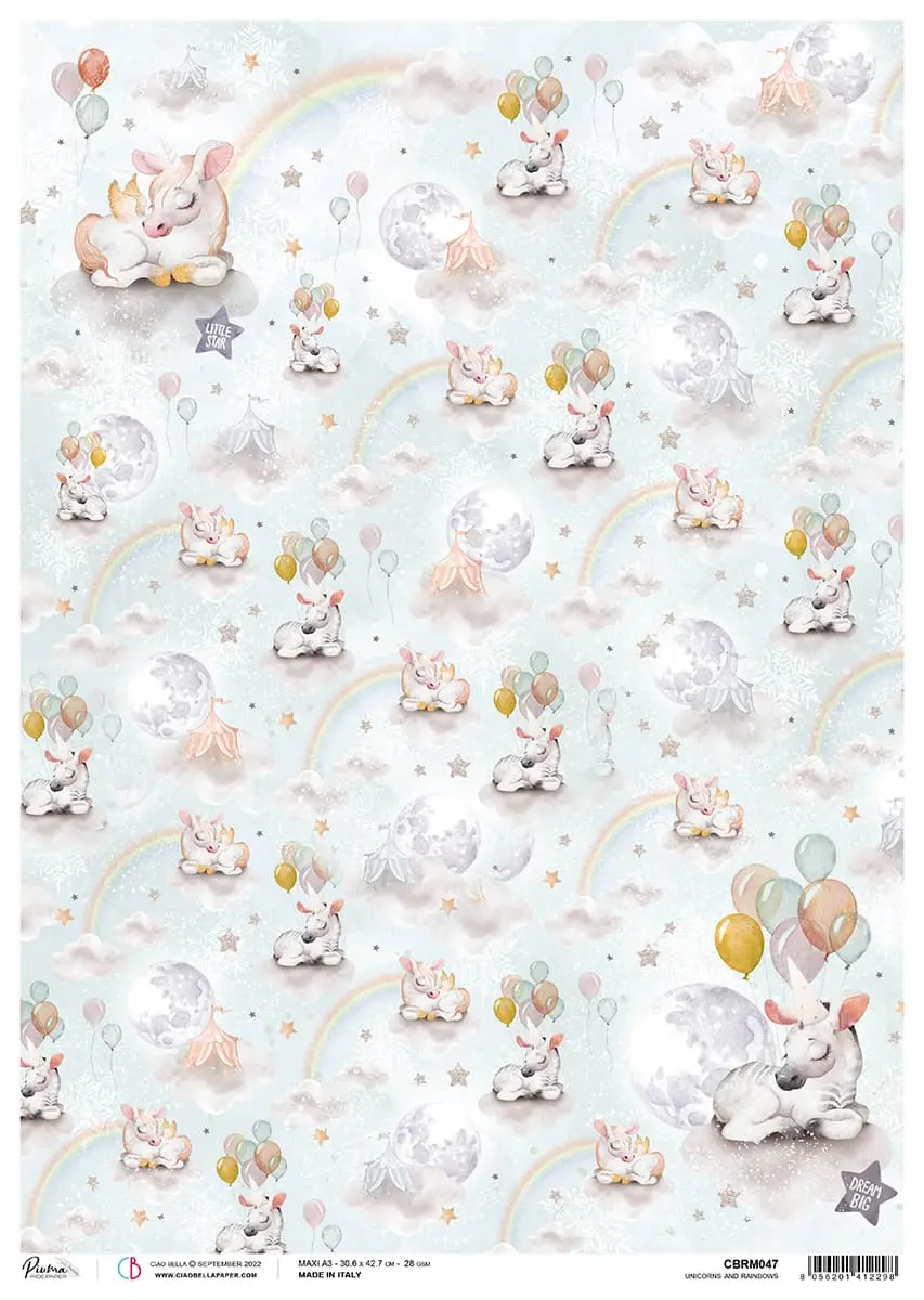 Rice Paper A3 Piuma Unicorns And Rainbows - 3 Sheets 1