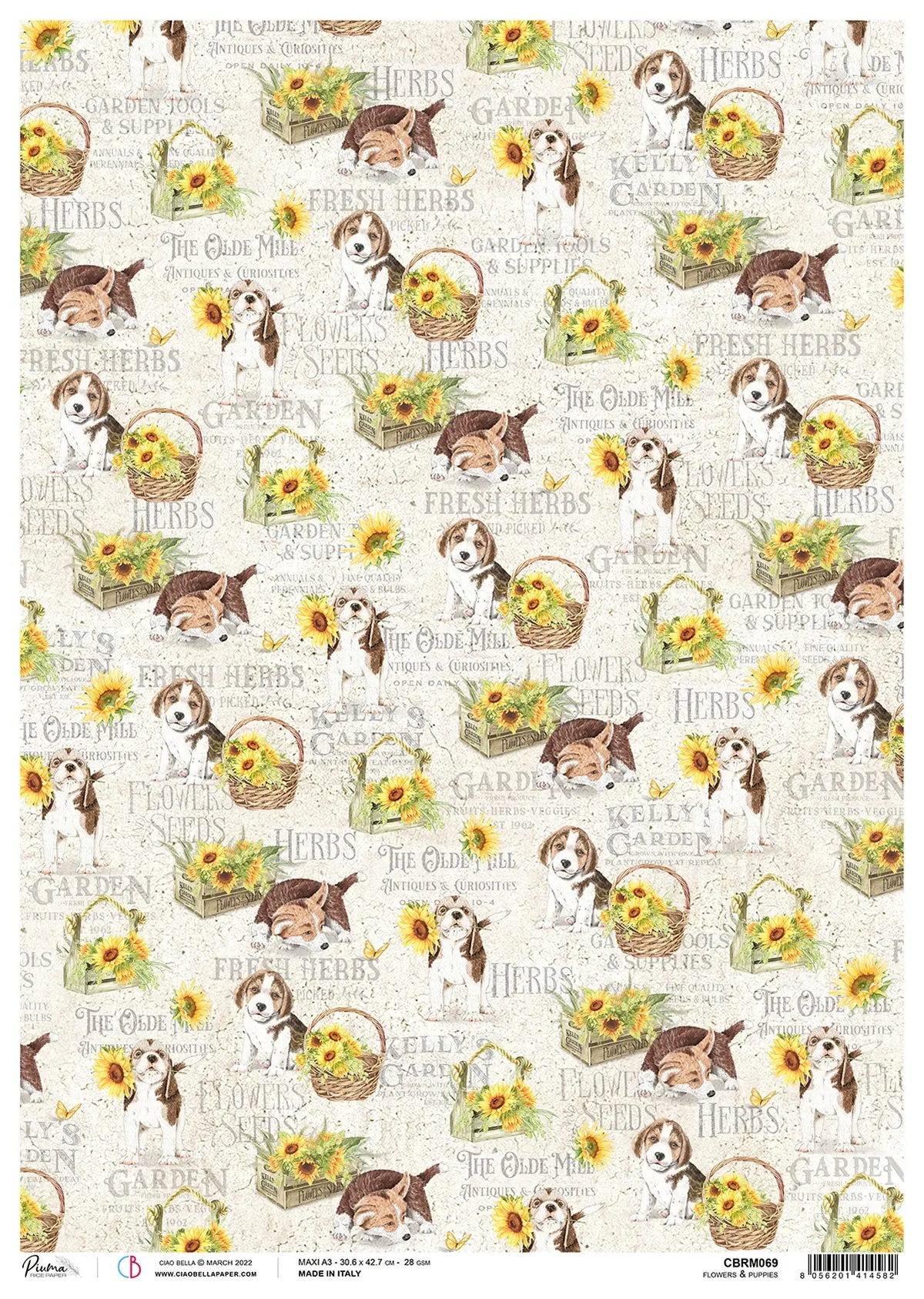 Ciao Bella Rice Paper A3 Piuma Flowers & Puppies - 3 Sheets 1