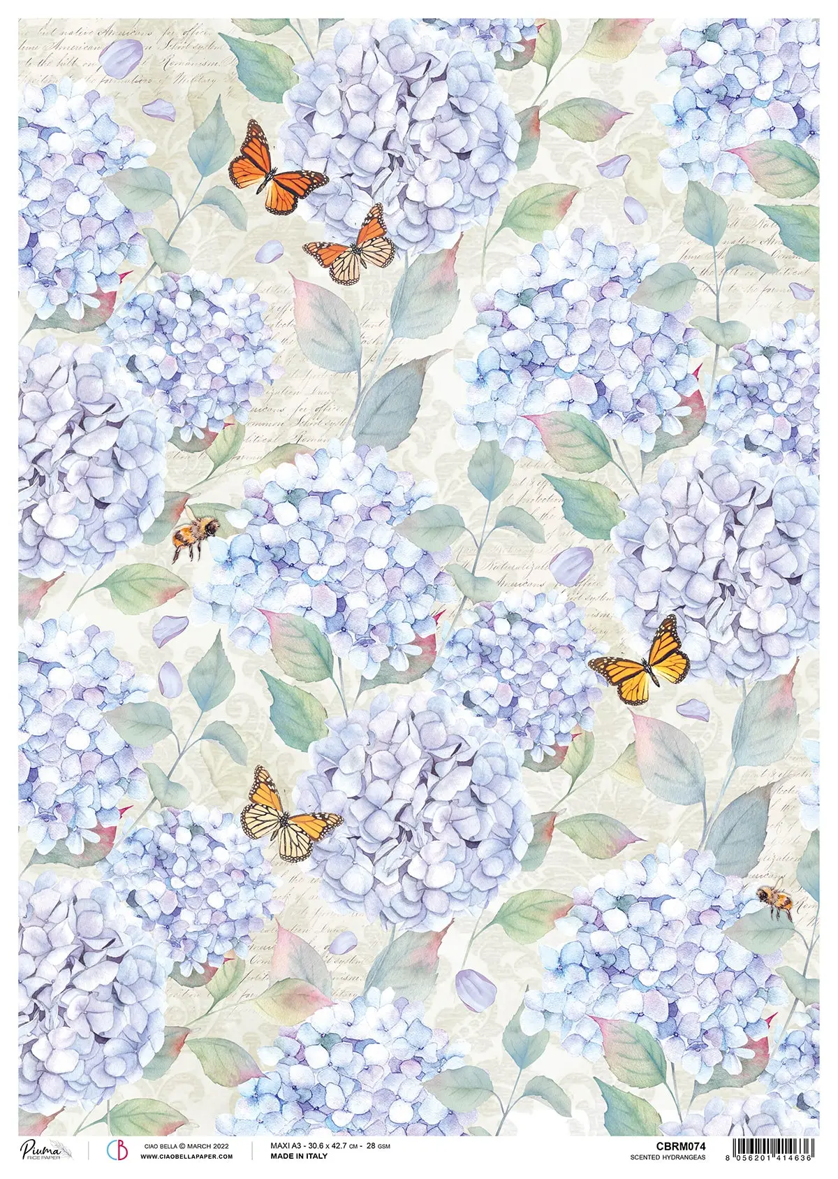 Ciao Bella Rice Paper A3 Piuma Scented Hydrangeas - 3 Sheets 1