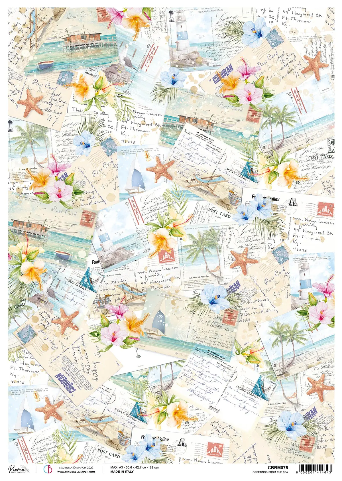 Ciao Bella Rice Paper A3 Piuma Greetings From The Sea - 3 Sheets 1