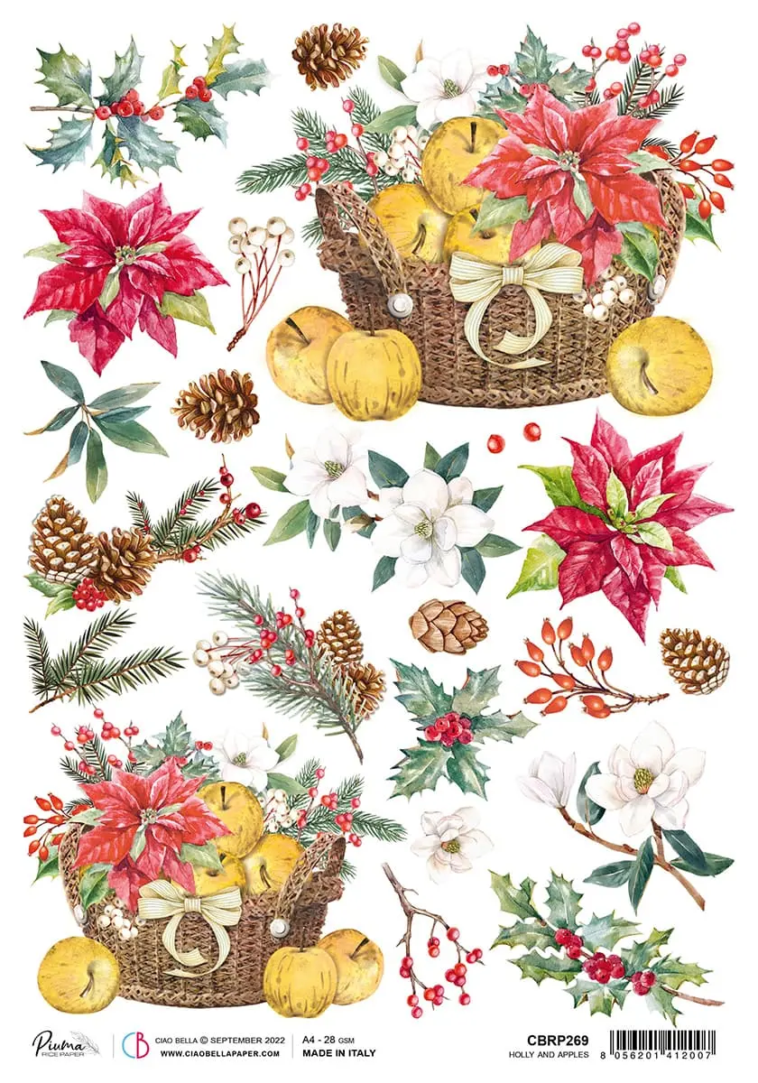 Rice Paper A4 Piuma Holly And Apples - 5 Sheets 1