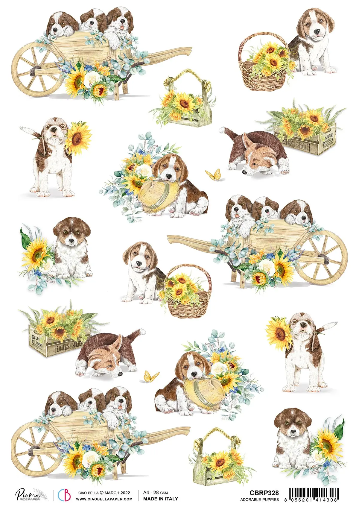 Ciao Bella Rice Paper A4 Piuma Adorable Puppies - 5 Sheets 1