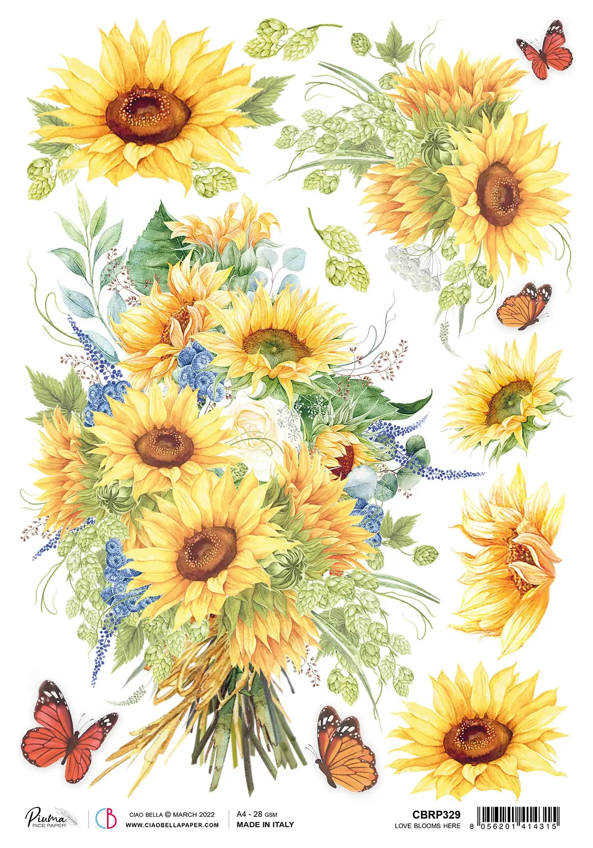 Ciao Bella Rice Paper A4 Piuma Love Blooms Here - 5 Sheets 1