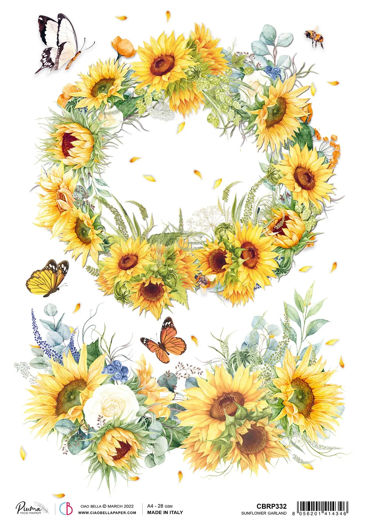 Ciao Bella Rice Paper A4 Piuma Sunflowers Garland - 5 Sheets 1