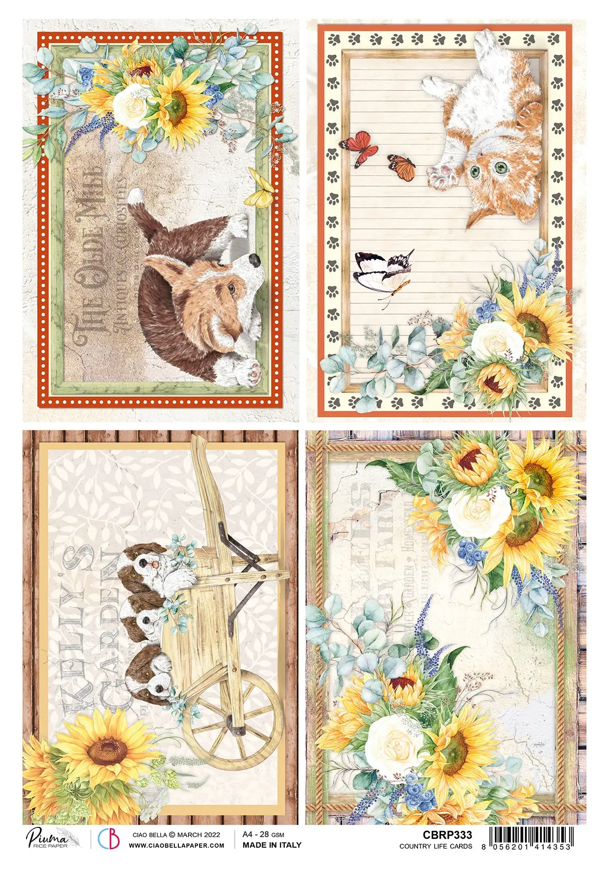 Ciao Bella Rice Paper A4 Piuma Country Life Cards - 5 Sheets 1