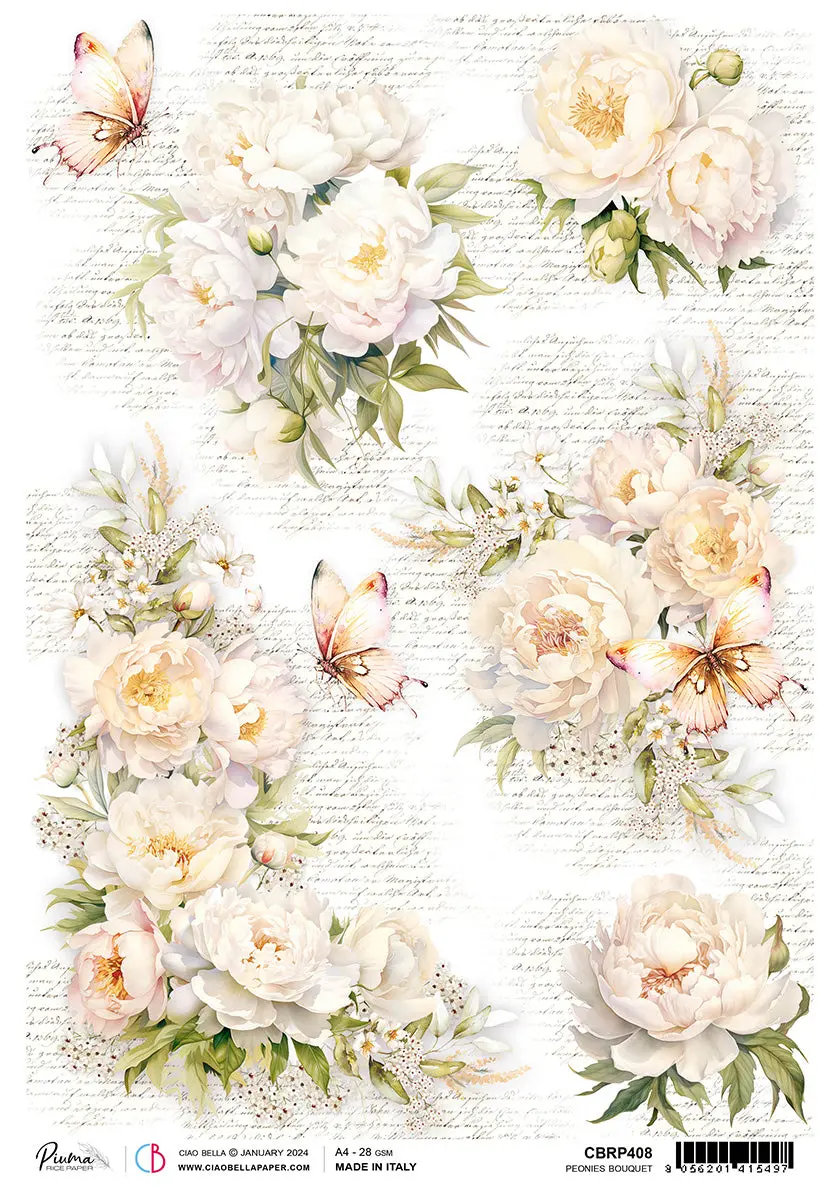 Rice Paper A4 Piuma Peonies Bouquet - 5 Sheets 1