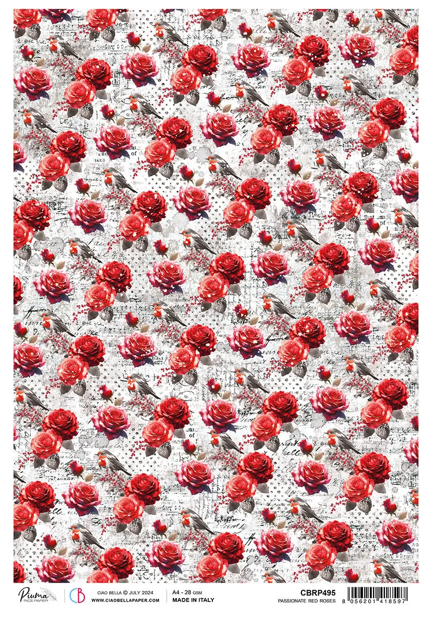 Rice Paper A4 Passionate Red Roses - 5 Sheets 1