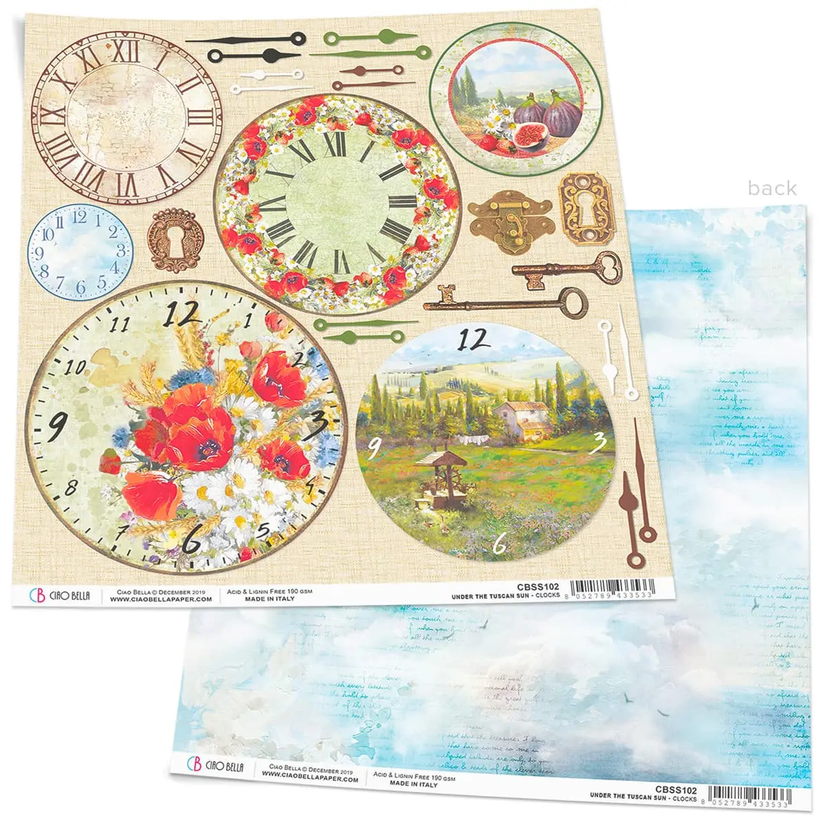 Ciao Bella Tuscan Clocks Paper Sheet 12"X12" 1 Sheet 1