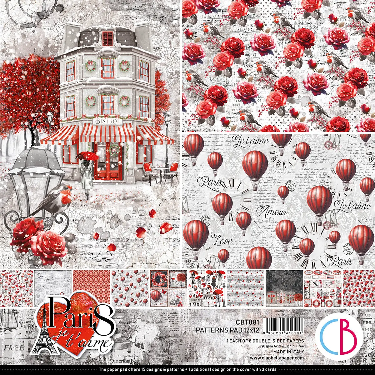 Paris Je T’Aime Patterns Pad 12"X12" 8/Pkg 1