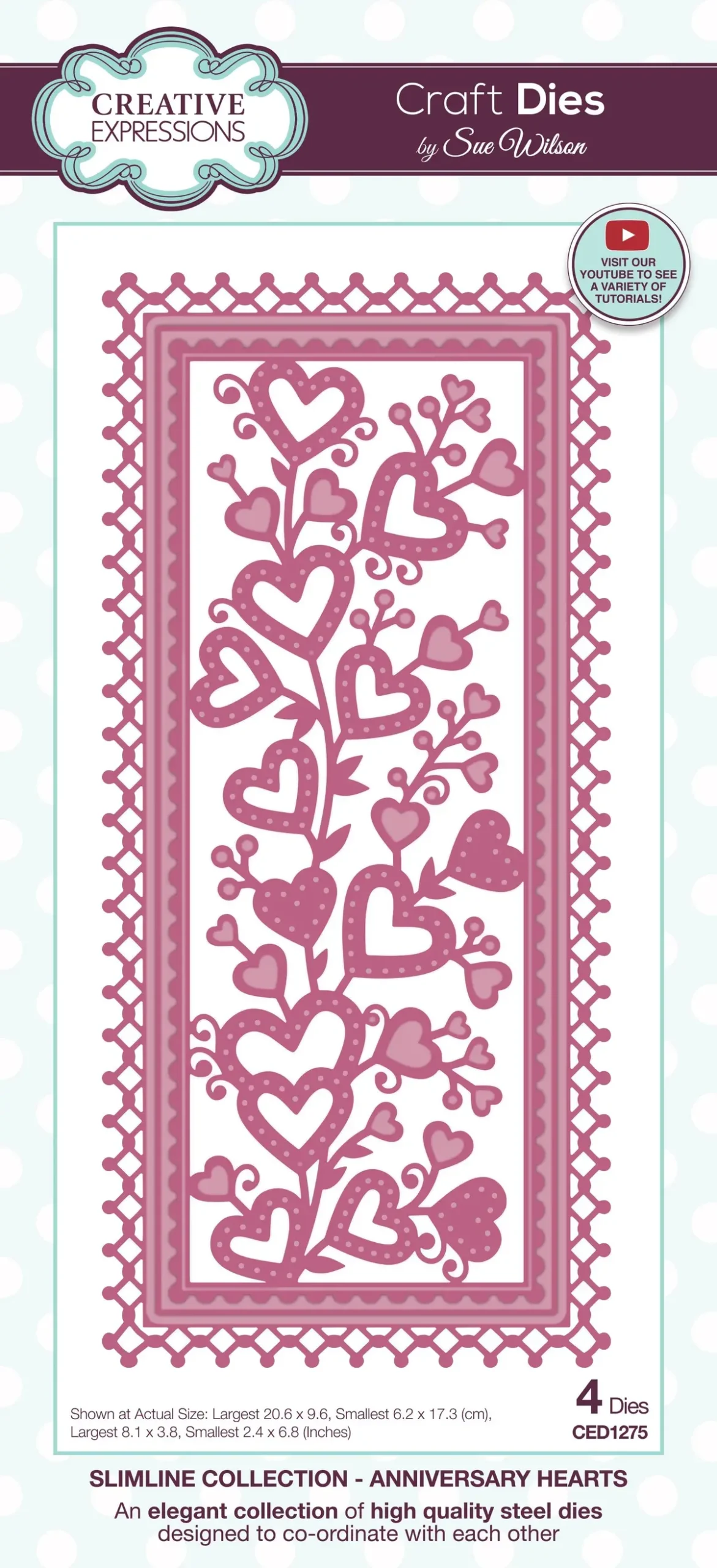 Creative Expressions Sue Wilson Slimline Anniversary Hearts Craft Die 1