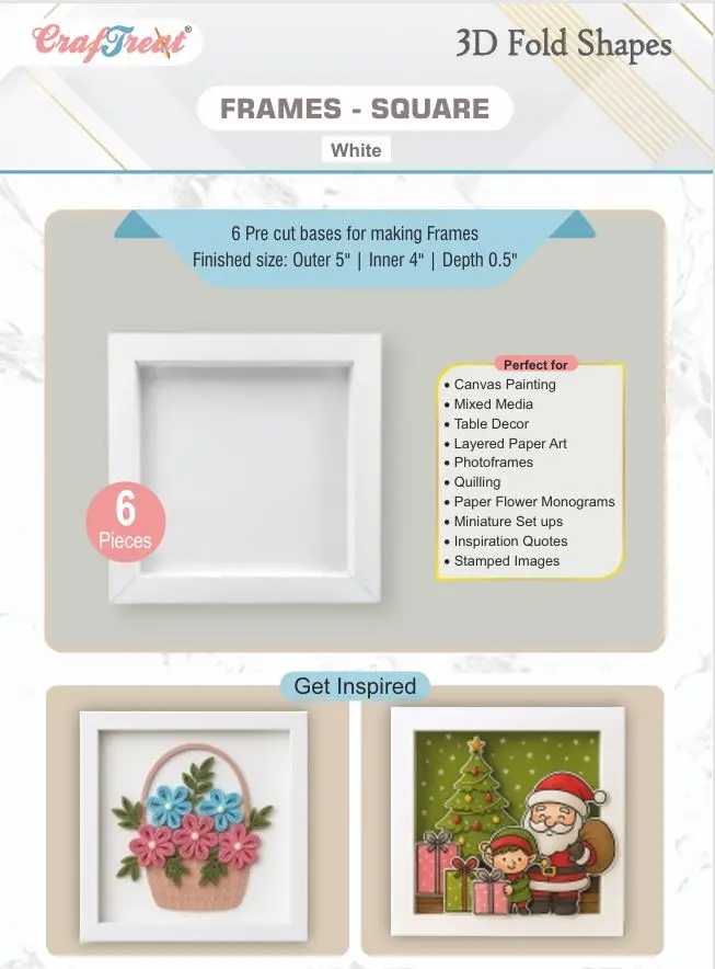 Craftreat 3D Fold Shapes - Frames White - Square 6Pcs 1