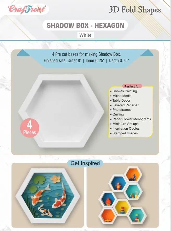 Craftreat 3D Fold Shapes - Shadow Box White - Hexagon 4Pcs 1