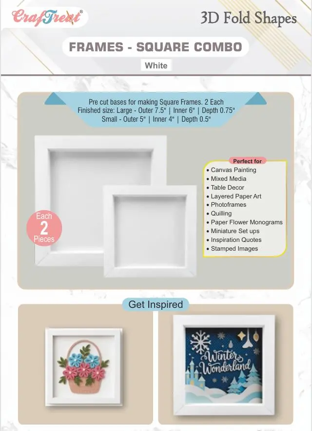 Craftreat 3D Fold Shapes - Frames White - Square Combo 4Pcs 1