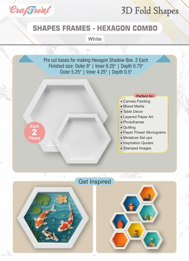 Craftreat 3D Fold Shapes - Frames White - Hexagon Combo 4Pcs 1