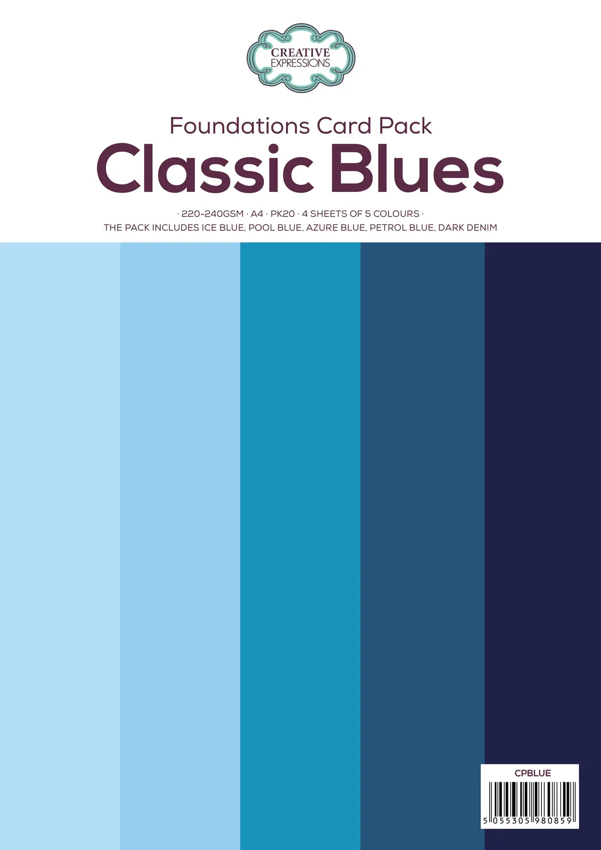 Creative Expressions Classic Blues Paper Pack 220-240Gsm A4 Pk20 4 Sheets Of 5 Colours 1