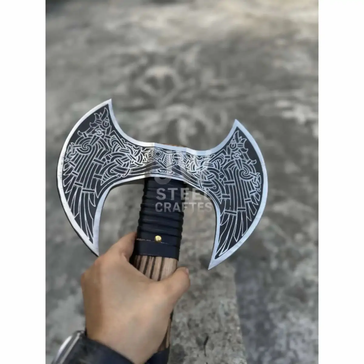 Hand Engraved Double Headed Viking Axe With Nordic Knotwork And Leather Wrapped Handle 2