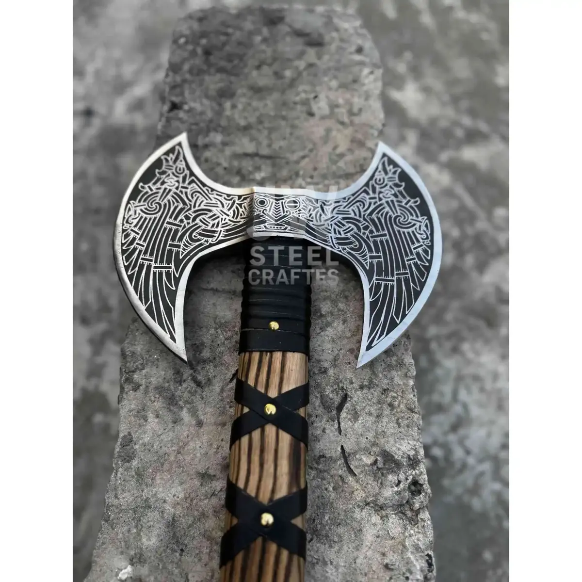 Hand Engraved Double Headed Viking Axe With Nordic Knotwork And Leather Wrapped Handle 1