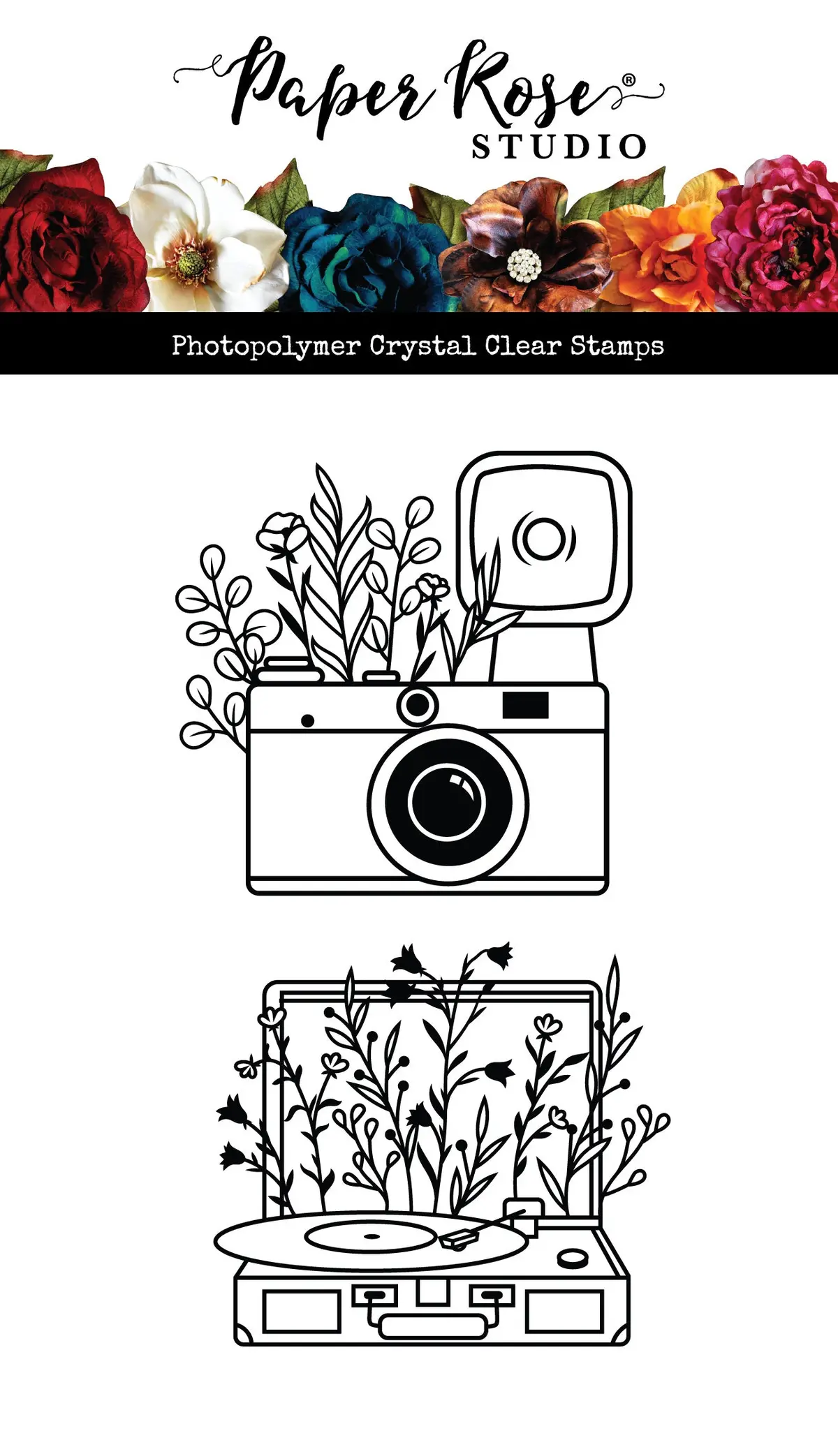 Vintage Floral Camera & Record Player Clear Stamp 34470 1