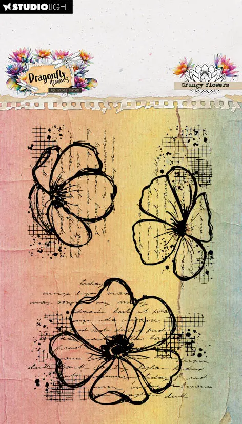 He Clear Stamp Grungy Flowers Dragonfly Dreams 62X93x3mm 3 Pieces 1