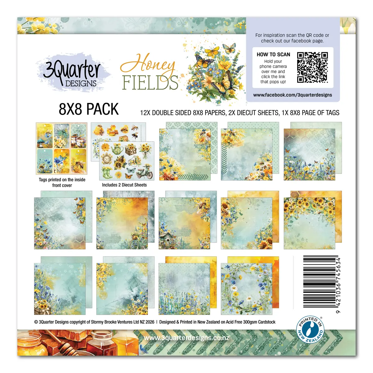 3Quarter Designs Honey Fields 8X8 Paper Pack & Diecuts Set 1