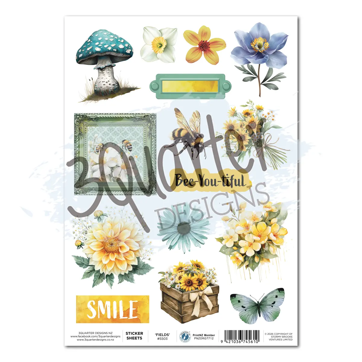 3Quarter Designs Honey Fields - A4 Sticker Sheet 1