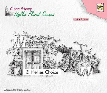 Idyllic Floral Scene Stamp Old Door With Bike 1
