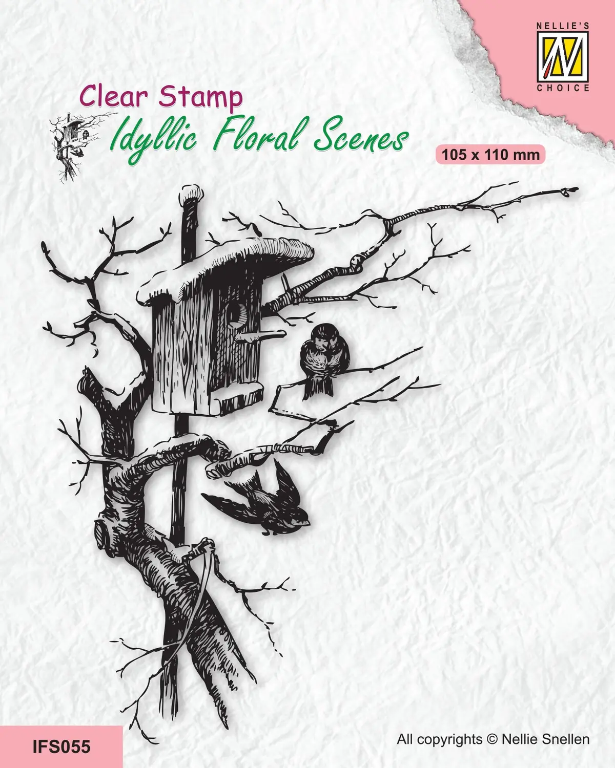 Nellie's Choice Clear Stamp Idyllic Floral Scene - Nesting Box With Birds 1