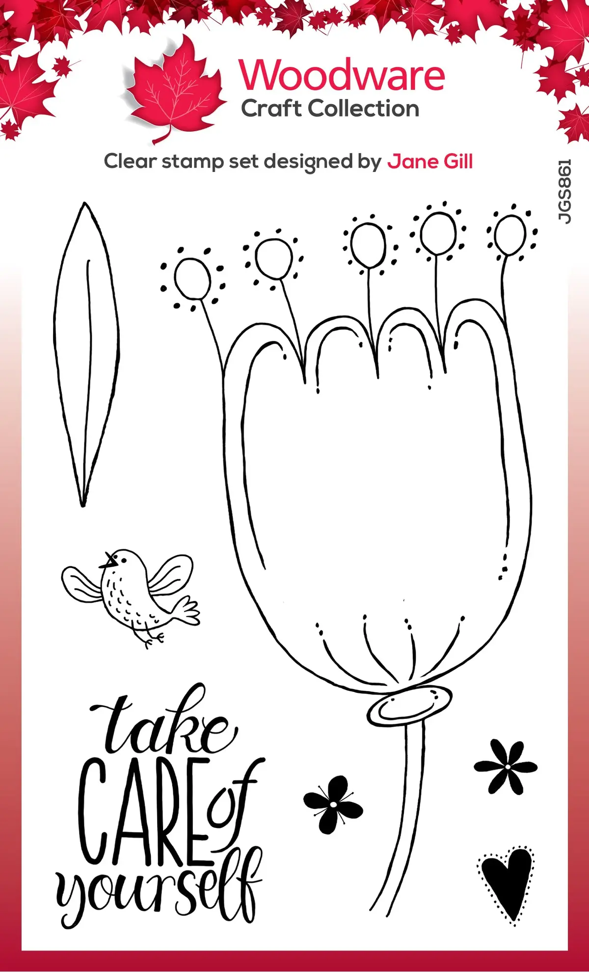 Woodware Clear Singles Petal Doodles Take Care 4 In X 6 In Stamp Set 1