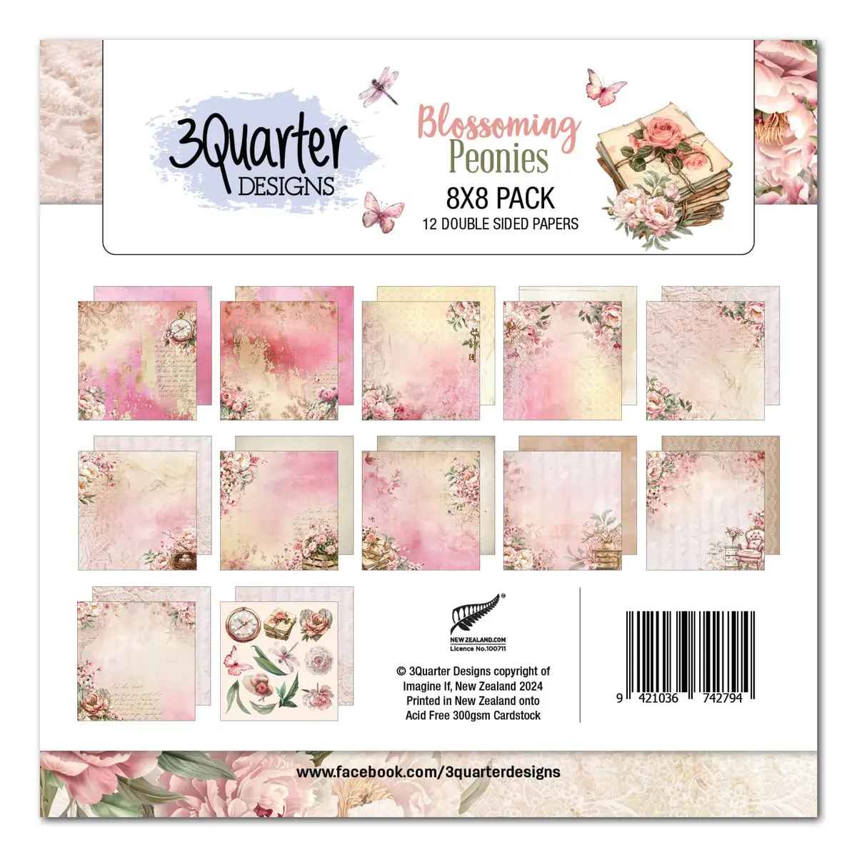 3Quarter Designs Blossoming Peonies 8X8 Paper Pack 1