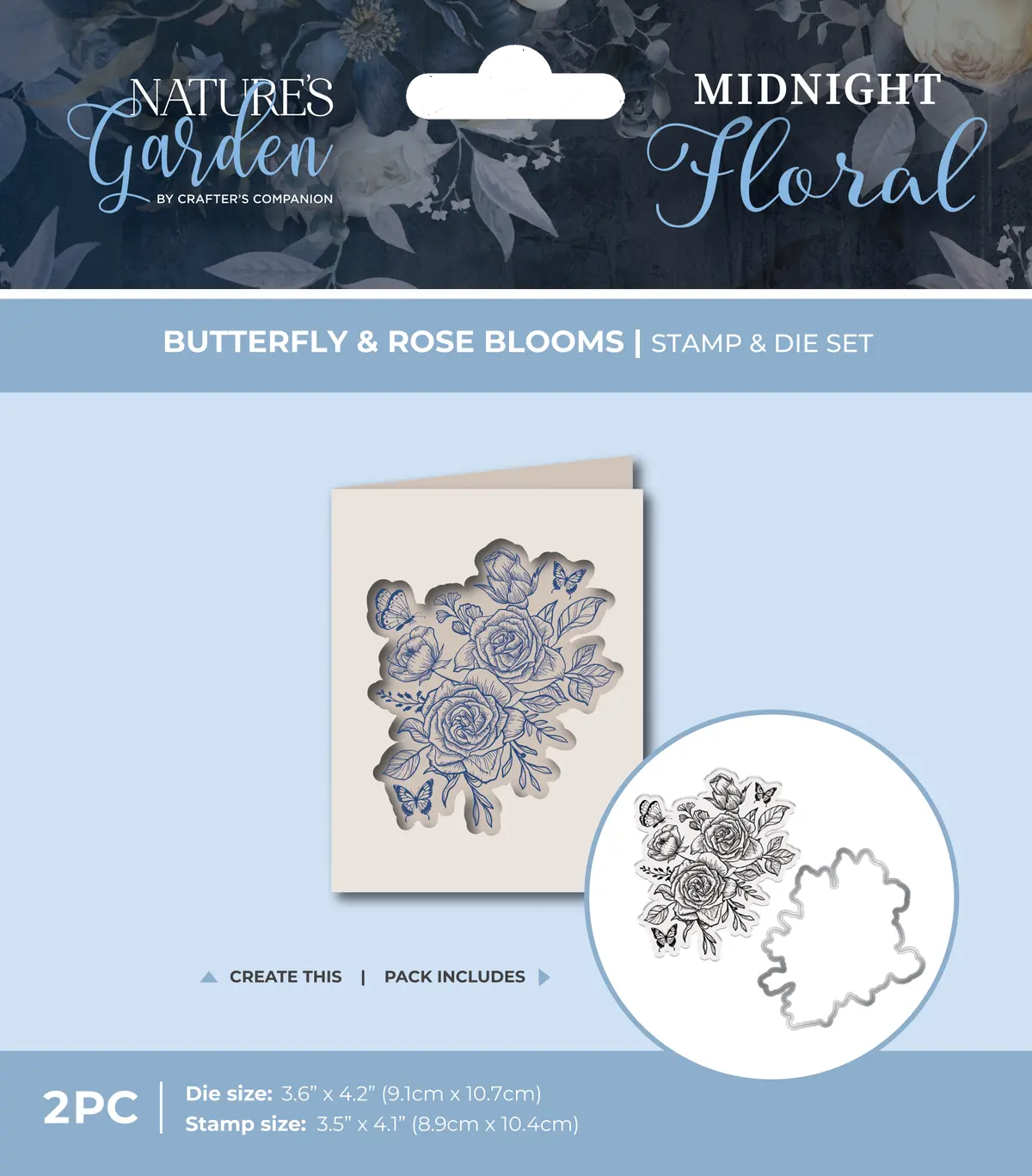 Nature's Garden - Midnight Floral Stamp & Die - Butterfly & Rose Blooms 1