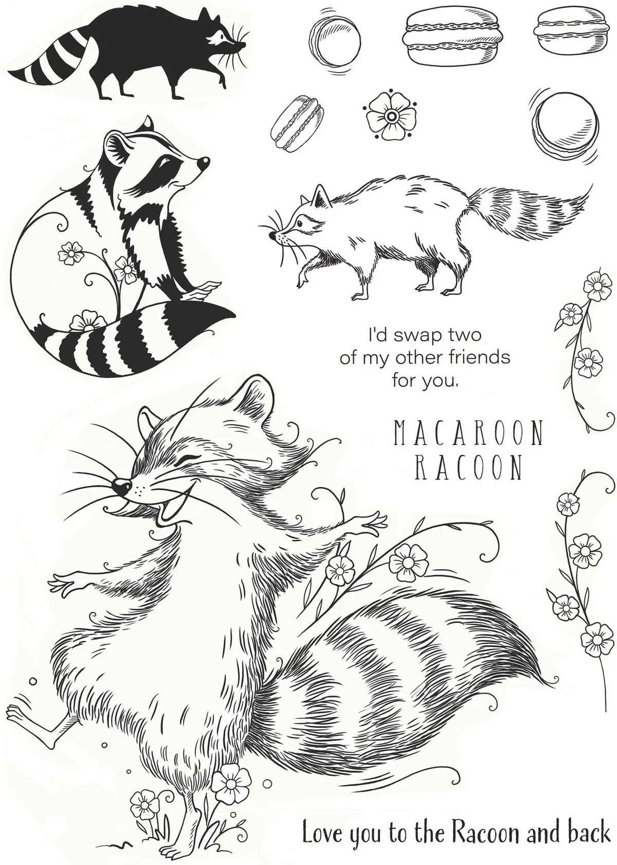 Pink Ink Designs Macaroon Racoon 6 In X 8 In Clear Stamp Set 2