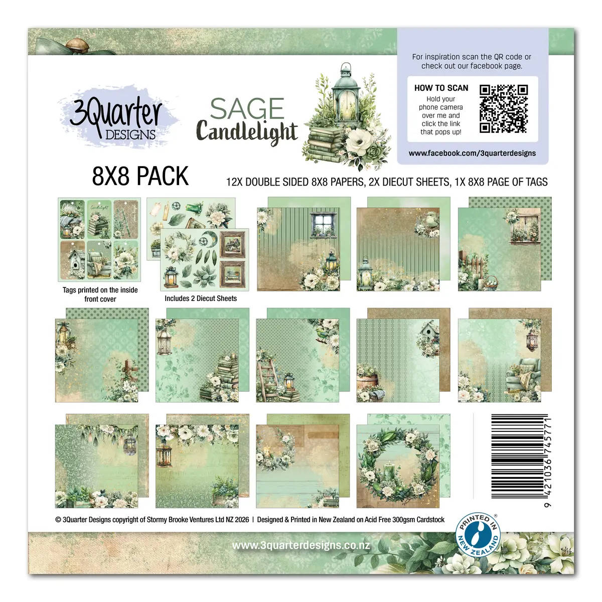 3Quarter Designs Sage Candle 8X8 Paper Pack & Diecuts Set 1