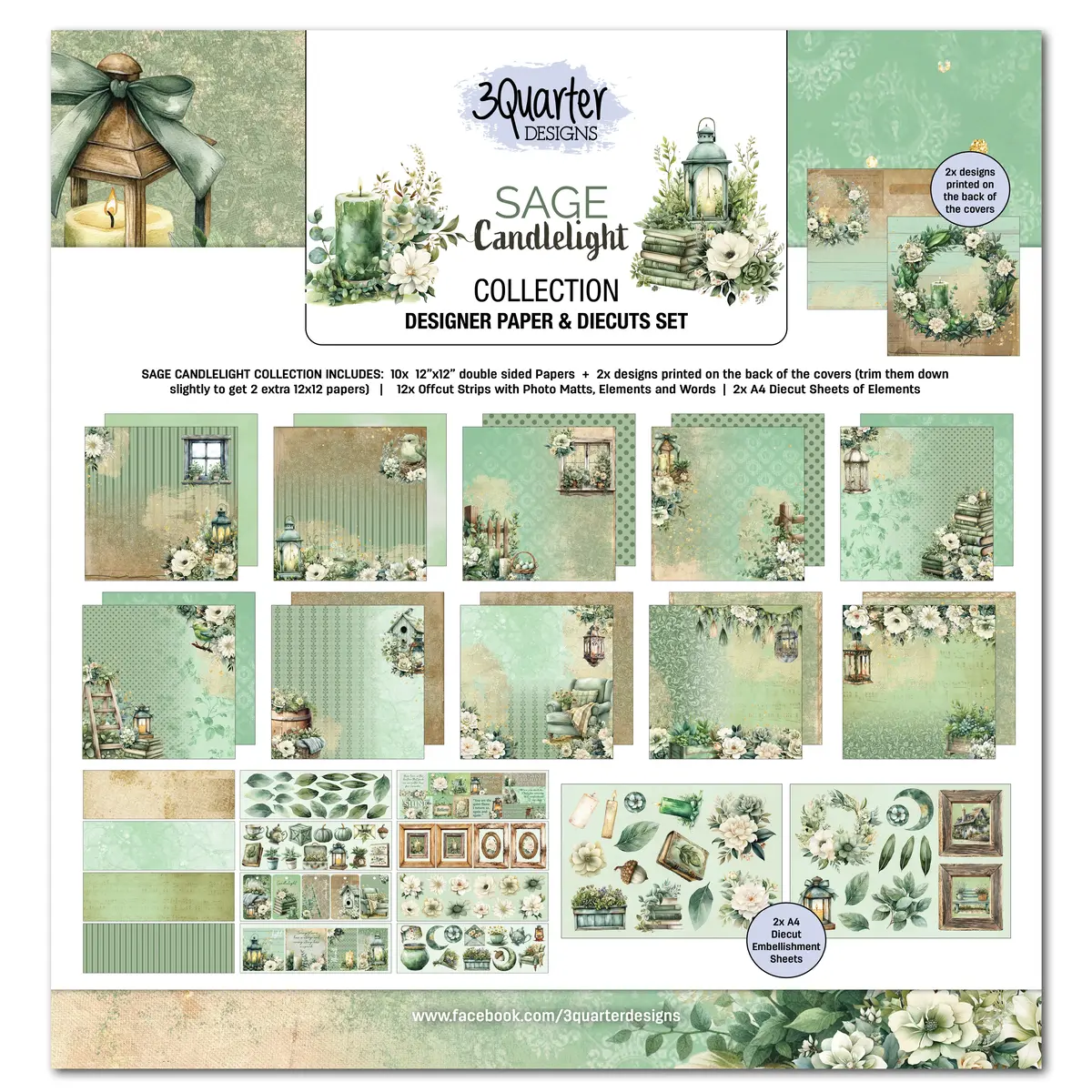 3Quarter Designs Sage Candle 12X12 Design Paper & Diecuts Set 1
