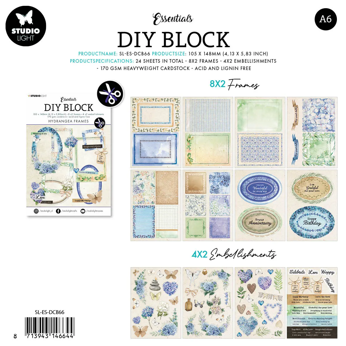Sl Die-Cut Block Hydrangea Frames Essentials 105X148x3mm 24 Sh Nr.66 2