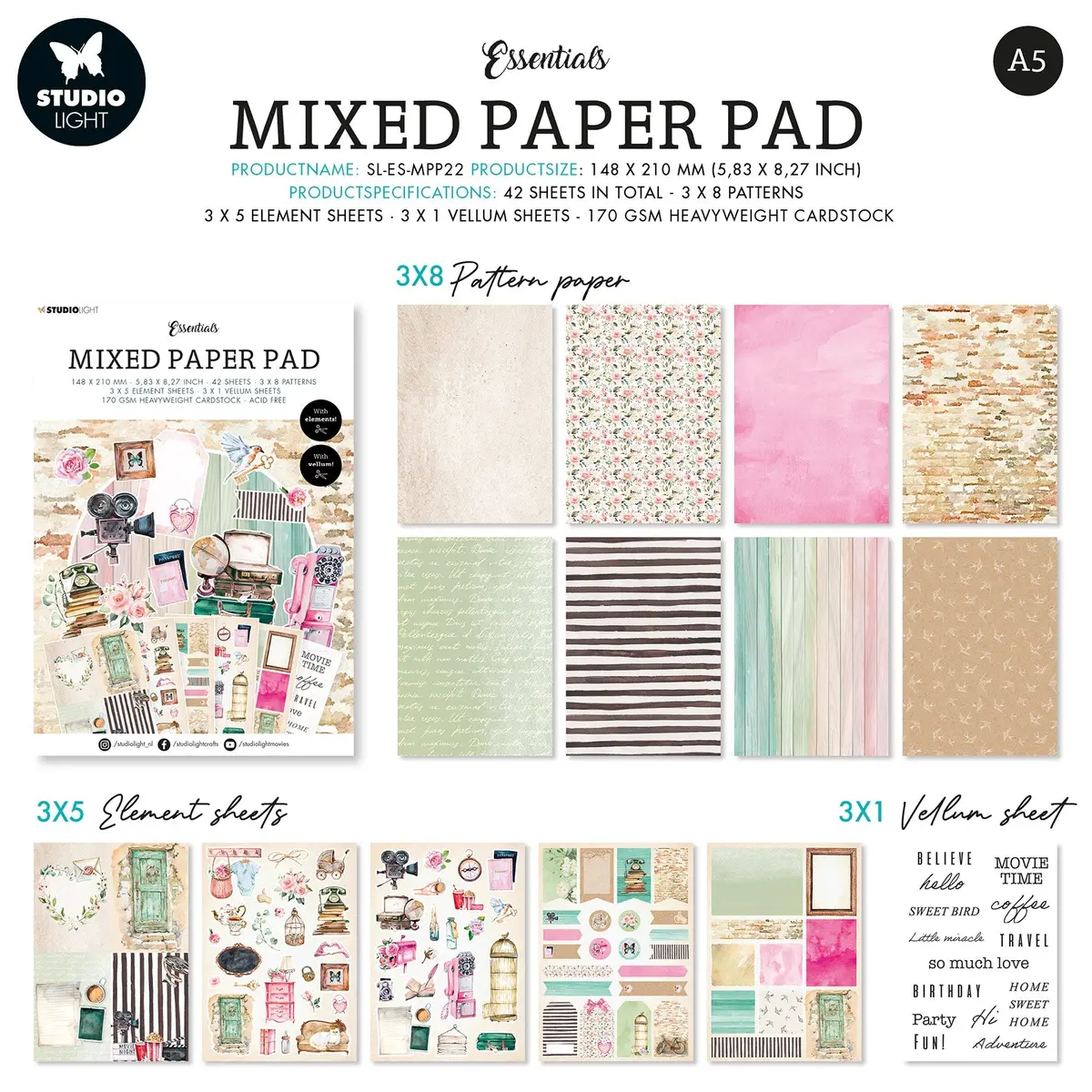 Sl Mixed Paper Pad Lovely Vintage Essentials 148X210x9mm 42 Sh Nr.22 2