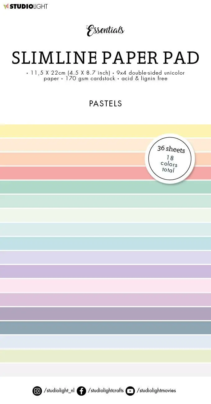 Sl Paper Pad Double Sided Unicolor Pastels Slimline Essentials 115X220x5mm 36 Sh Nr.32 1