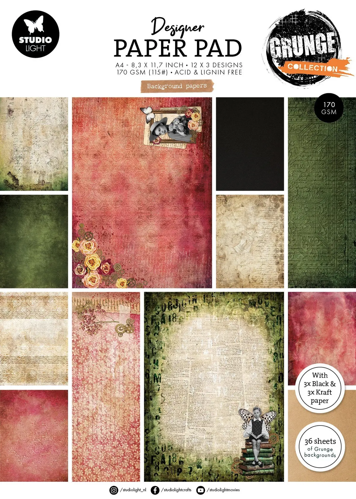 Sl Designer Paper Pad Background Papers Grunge Collection 203.2X203.2X9mm 36 Sheets 1