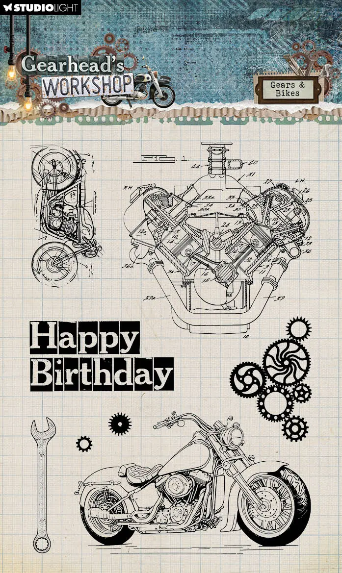 Sl Clear Stamp Gears & Bikes Gearhead's Workshop 8 Pc 1