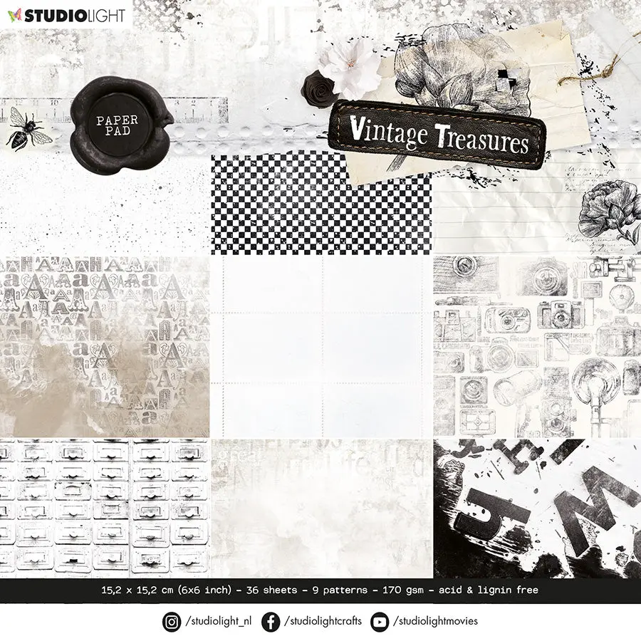 Sl Paper Pad 9 Patterns - 170 Gsm Vintage Treasures 152.4X152.4X9mm 36 Sh Nr.43 1