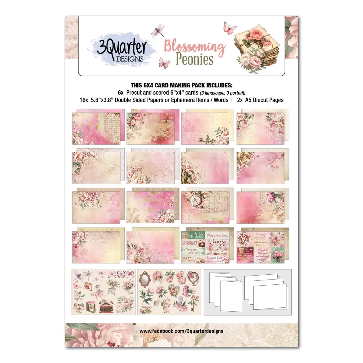 3Quarter Designs Blossoming Peonies 6X4 Card Pack 1