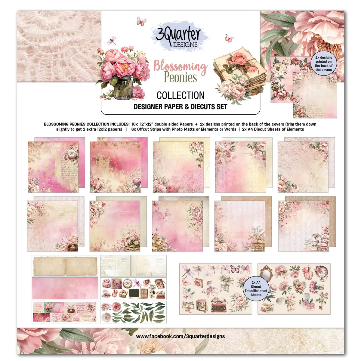 3Quarter Designs Blossoming Peonies 12X12 Design Paper & Diecuts Set 1