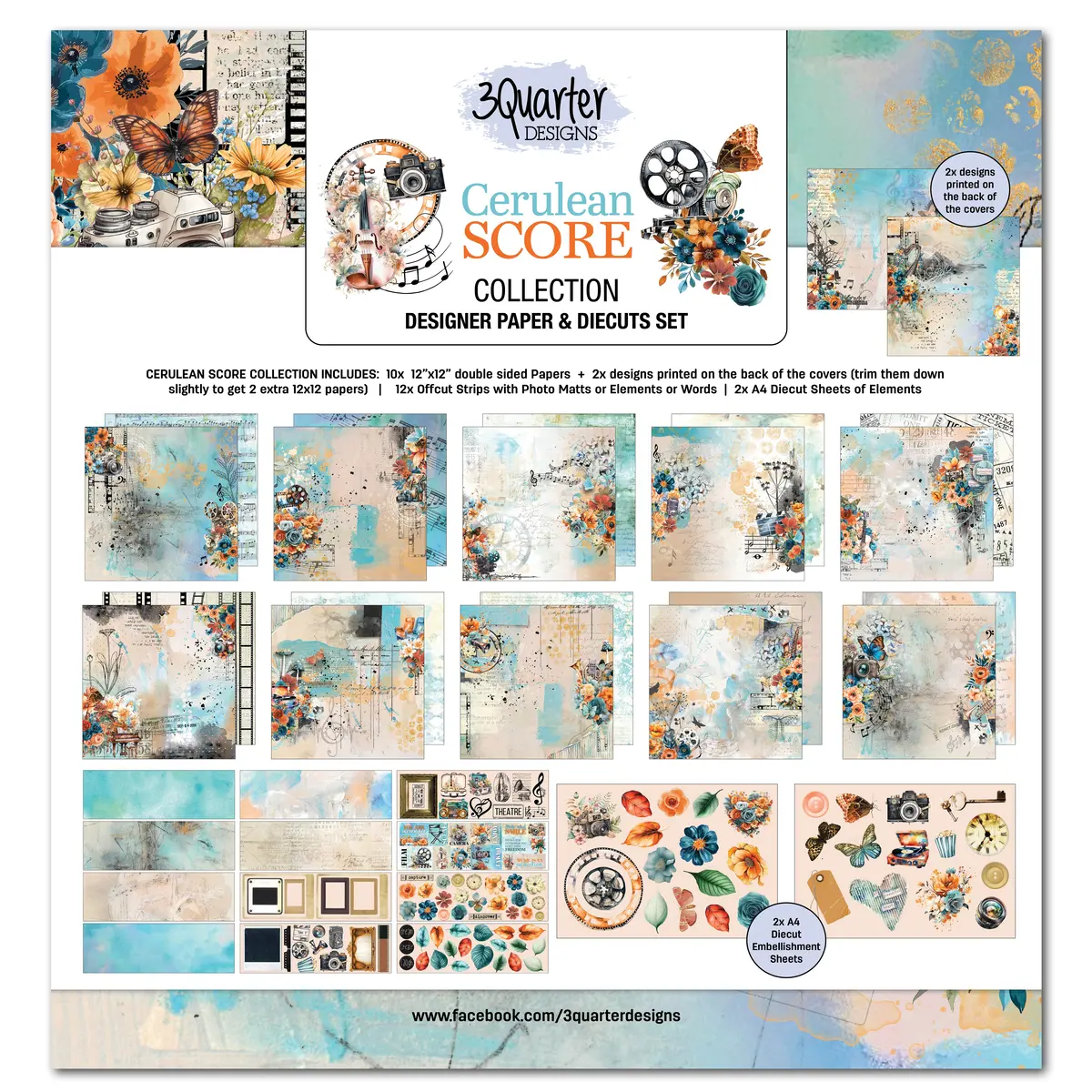 3Quarter Designs Cerulean Score 12X12 Design Paper & Diecuts Set 1