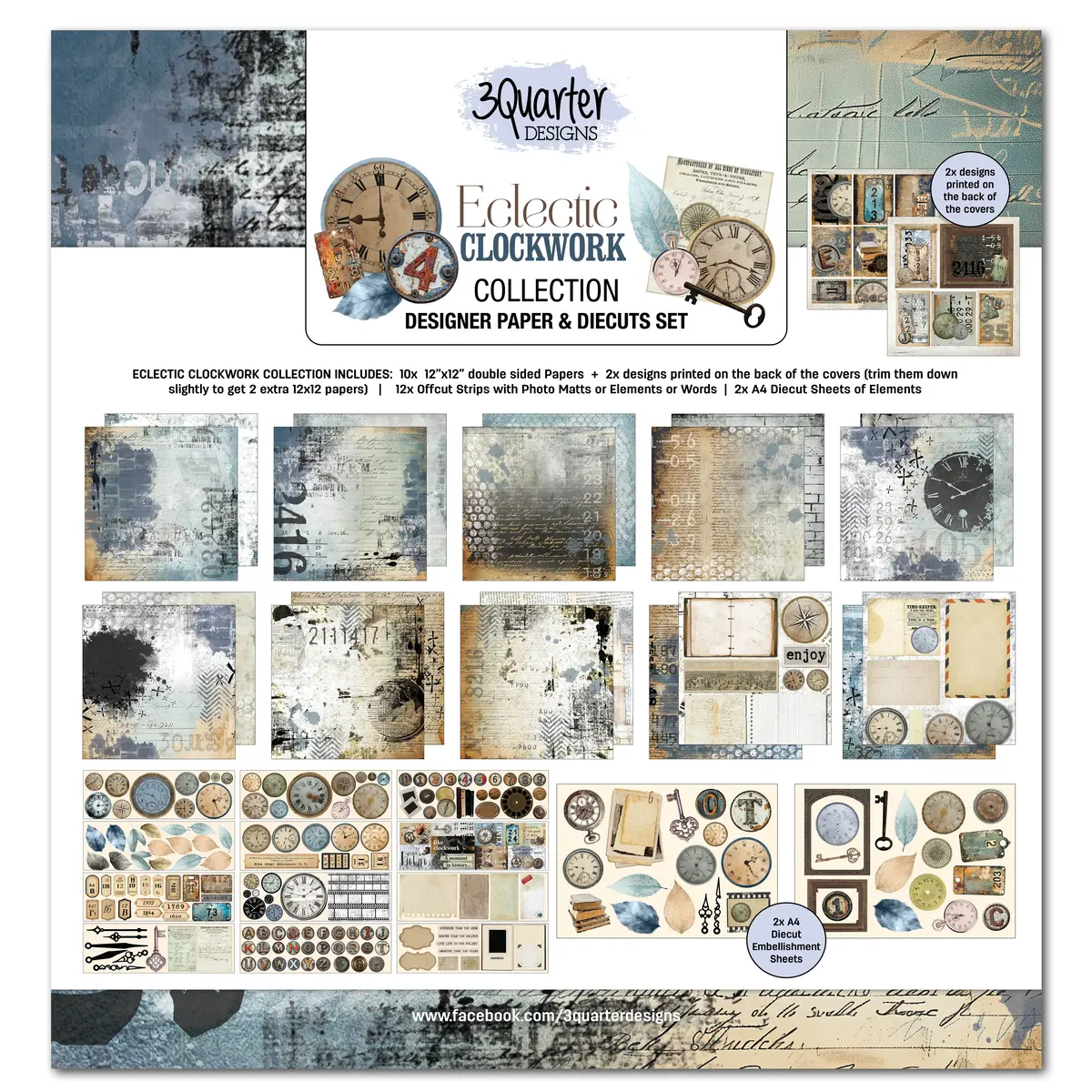 3Quarter Designs Eclectic Clocks 12X12 Design Paper & Diecuts Set 1